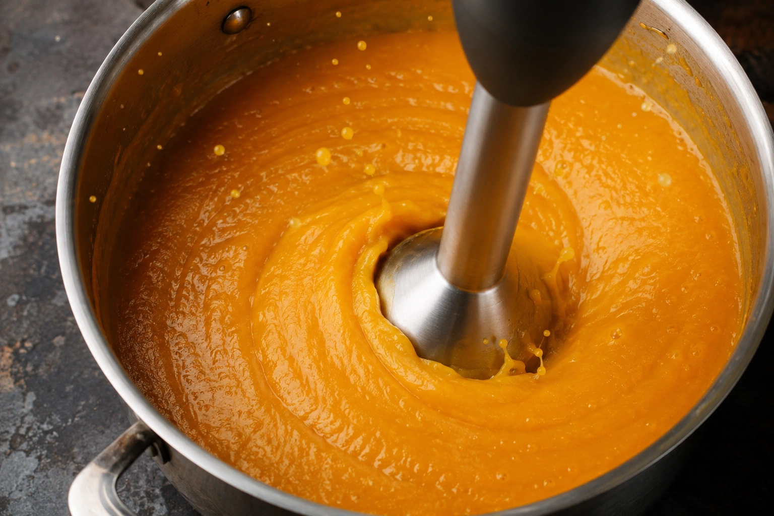 Blending pumpkin soup with an immersion blender